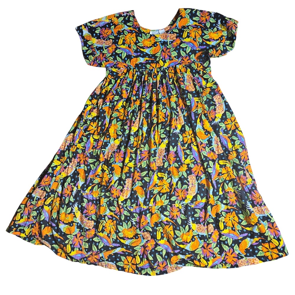 G.G. Sally Tropical Bird Floral Empire Waist Midi‎ Dress M Cotton Cottagecore